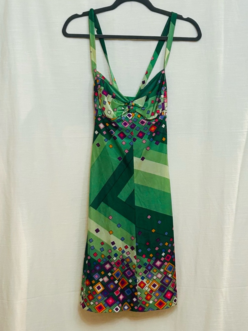 True‎ Vintage Circa 1960's/1970's Retro Green Geometric Print Slip Dress